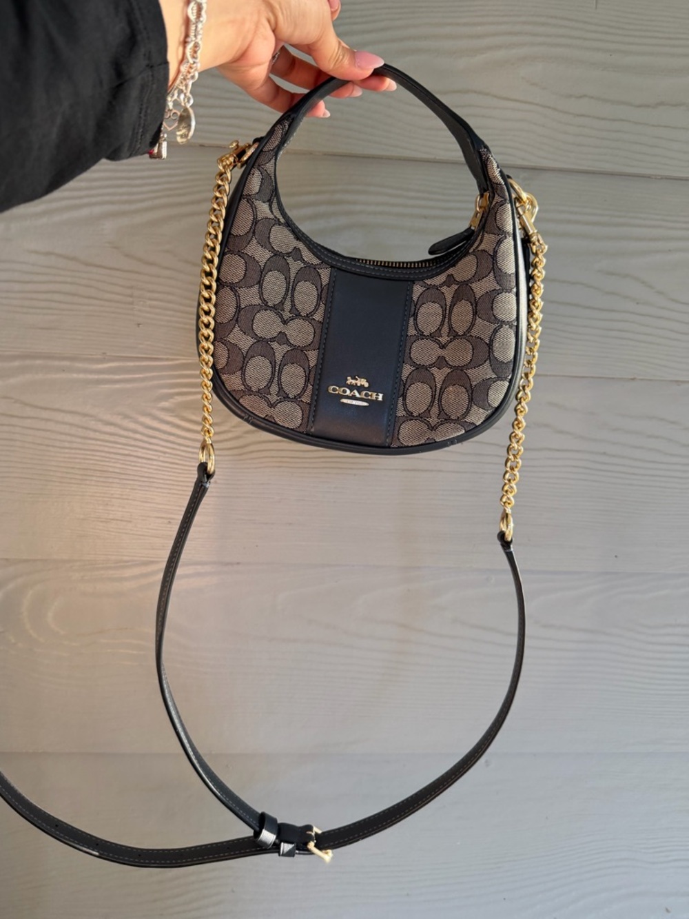 Coach Navy Blue and Grey Signature Small Crossbody with Gold Chain